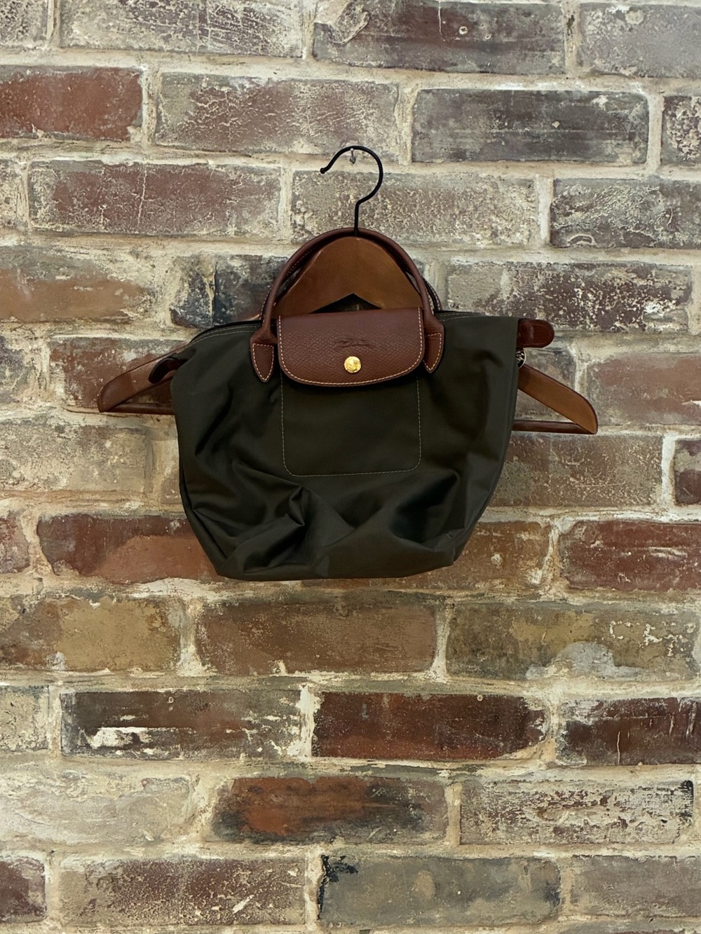 Longchamp Small Foldable Tote - Olive Green with Brown Trim